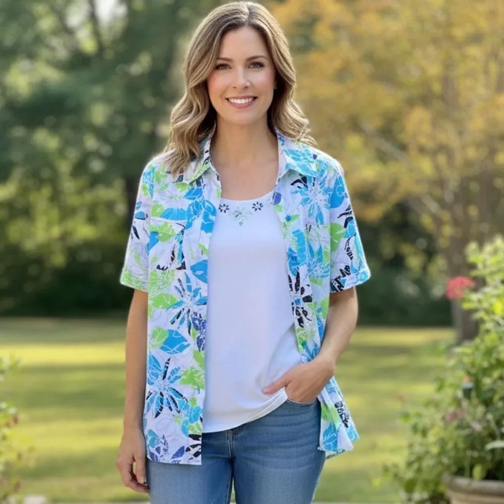 Take 50% OFF- Allison Daley Floral Blue and Green Women’s Shirt, Size-10